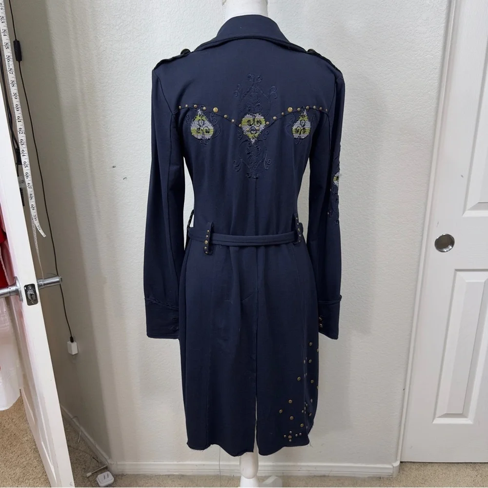 Military Style Chic Navy Trench Coat with Gold Buttons Medium